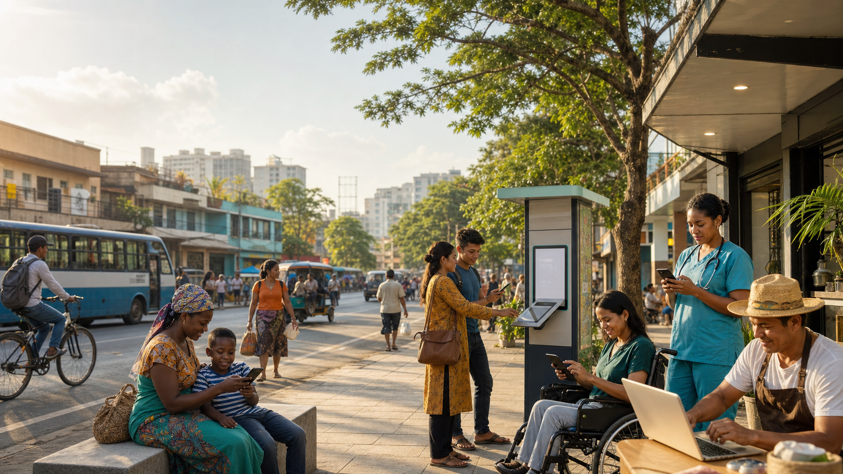 A diverse community using inclusive digital services in a growing city