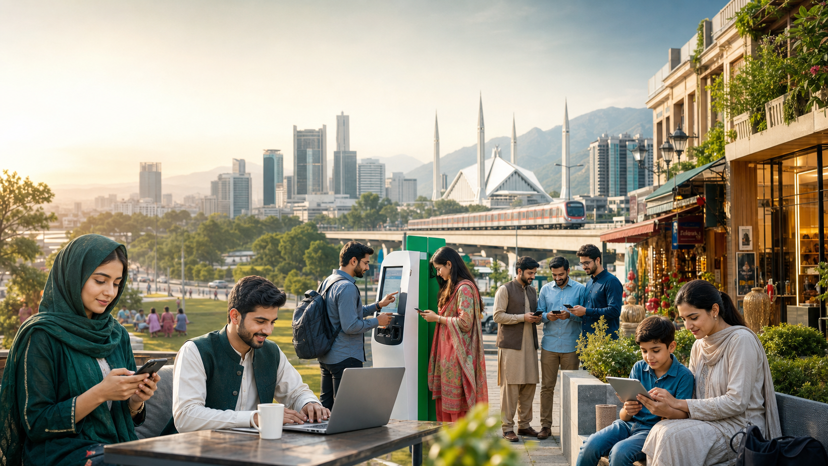 People using digital services in a modern city